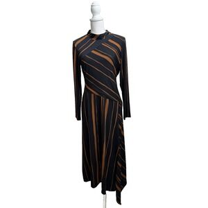 Taylor Women's Black and Rust Stripe Midi‎ Dress Asymmetrical Hem High neck L